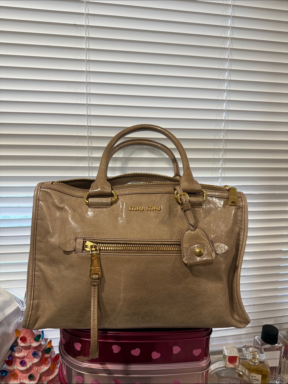 Miu Miu Beige Leather Satchel with Gold Hardware